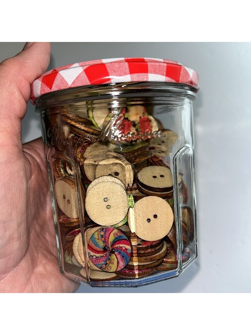Jar of Assorted Wooden Buttons Crafting Sewing Teacher